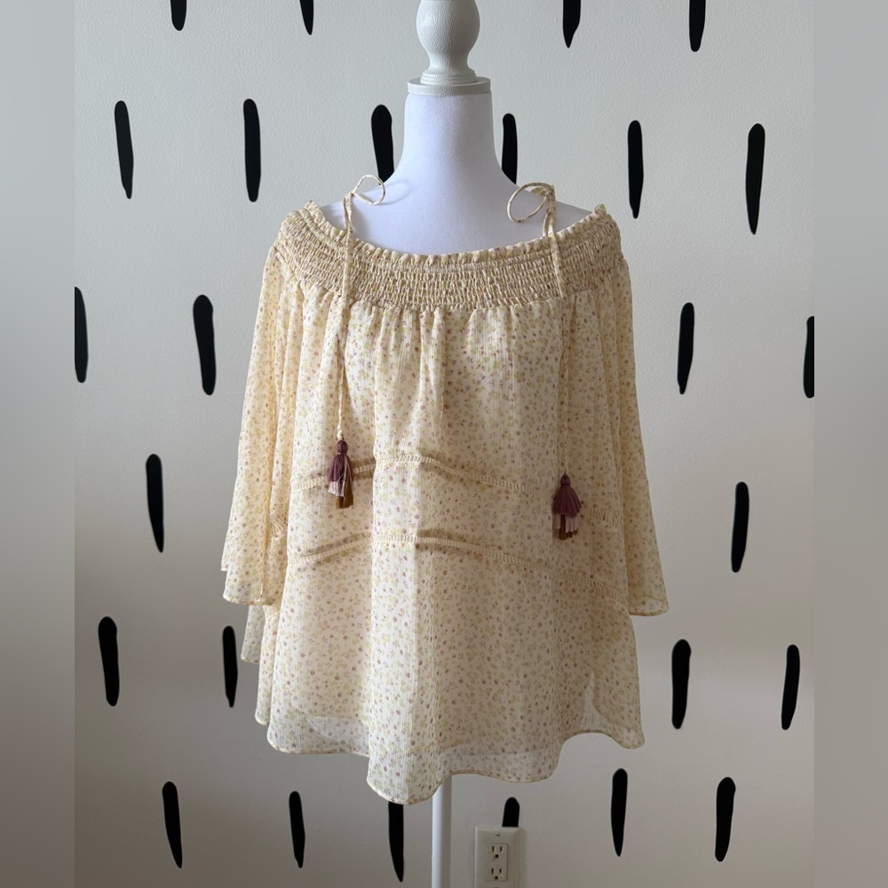 Rebecca Minkoff Cream Floral Smocked Off-Shoulder Tunic